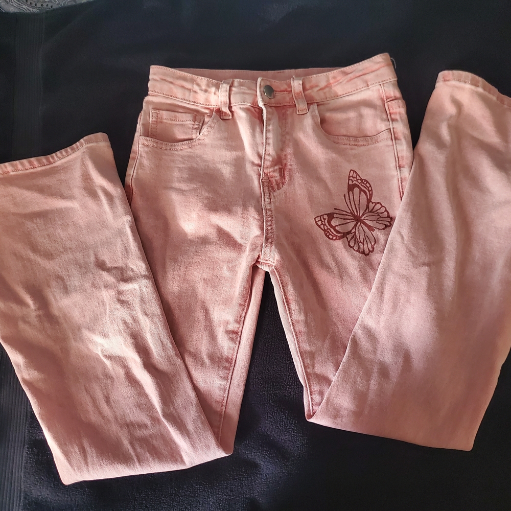 Pastel Pink Bootcut Leg Girl Jeans with Embroidered Butterfly